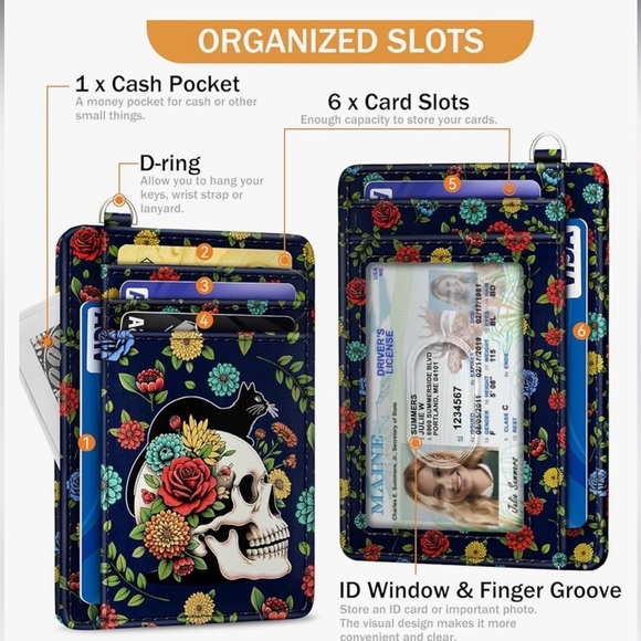 🆕 Cat Skull Credit Card Holder Slim Wallet, Floral Goth RFID Wallet  (new) - Picture 4 of 6